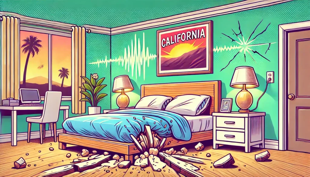 A detailed illustration of tectonic plates interacting beneath the Earth's surface, showcasing vibrant colors of different layers, with a focus on California's geological features, including fault lines, mountains, and valleys, surrounded by a dynamic landscape of shifting earth and energy.