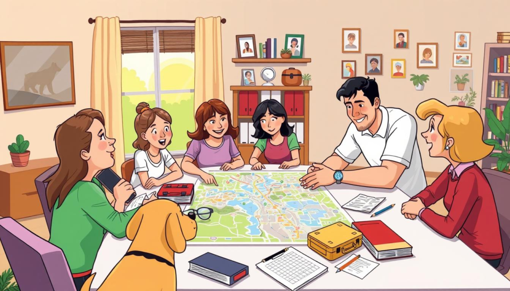 A colorful illustration of a family gathered around a large table, creating an earthquake preparedness plan. The table is covered with maps, emergency kits, and a notebook. In the background, a cozy living room setting with family photos on the wall and a window showing a sunny day outside. The family members are engaged, pointing at the map and discussing their plan, while a pet dog sits nearby watching.