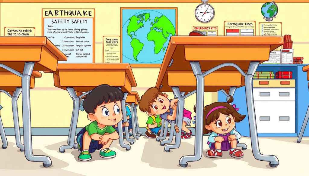 Earthquake Information for Kids: An illustration of a colorful classroom scene with children practicing earthquake safety procedures, showing them crouching under sturdy desks, holding onto the legs, and looking calm. The background features posters of earthquake safety tips, a globe, and emergency kits. The overall atmosphere is bright and engaging, suitable for kids learning about safety.