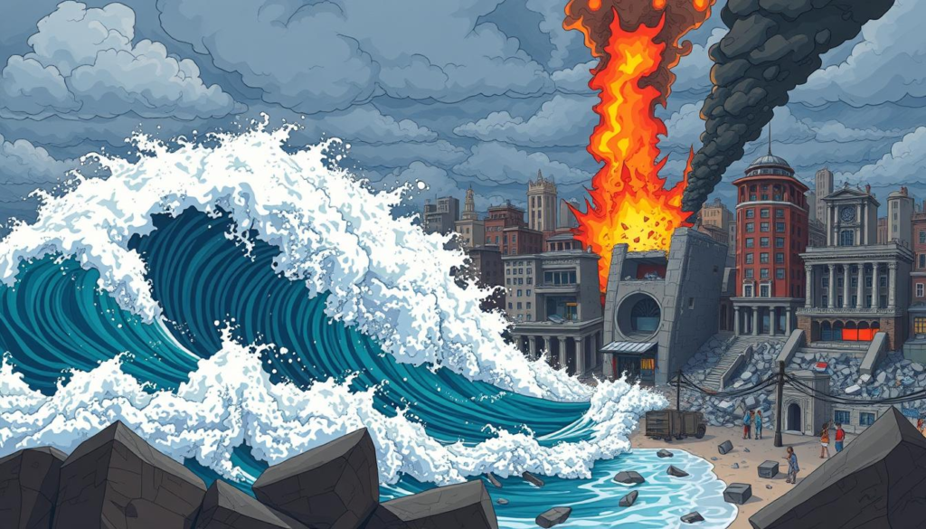 Tsunami vs Earthquake: A dramatic scene depicting the contrast between a powerful tsunami and a violent earthquake, with towering waves crashing against a coastal city while buildings shake and crumble in the background, showcasing the chaotic elements of nature's fury, vibrant colors illustrating the water's force and the destruction on land, intense skies filled with storm clouds overhead.