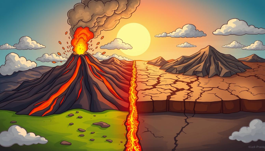 "Split landscape depicting the contrast between volcanic and tectonic earthquakes; on one side, a dynamic volcanic eruption with molten lava, ash clouds, and fiery colors; on the other side, a serene landscape with cracked earth, fault lines, and subtle movement representing tectonic shifts; vivid colors showcasing the chaotic energy of volcanoes versus the structured shapes of tectonic features, atmospheric effects highlighting the differences in nature's forces."