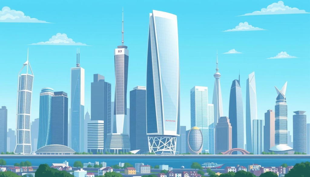 "Modern city skyline featuring earthquake-resistant skyscrapers with flexible foundations, reinforced structures, and advanced materials, set against a backdrop of a clear blue sky, showcasing innovative architecture and urban design."