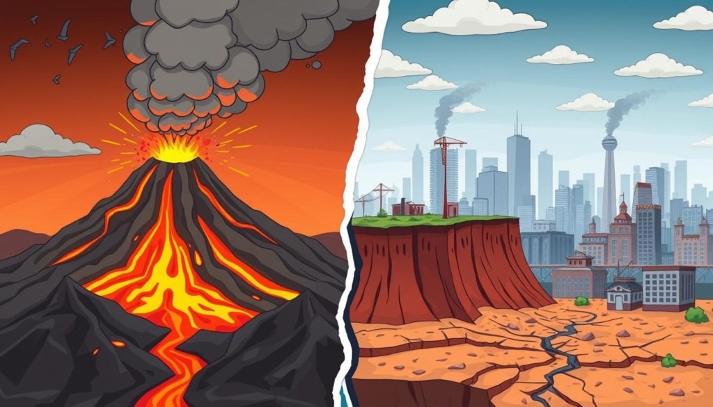 Volcanic vs Tectonic Earthquakes: A split scene showcasing two types of earthquakes: on one side, a volcanic eruption with lava flow, ash clouds, and seismic activity around a volcano; on the other side, tectonic earthquake effects with cracked ground, shifting land, and a city skyline in the background experiencing damage from shaking. Bright colors for the volcanic side and subdued tones for the tectonic side.