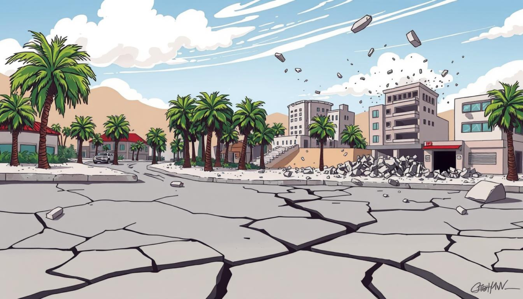 Earthquake for California: A dramatic scene of a California landscape during an earthquake, showcasing cracked pavement, swaying palm trees, and buildings shaking in the background, with dust and debris in the air, capturing the essence of nature's power and the urgency of safety preparations.