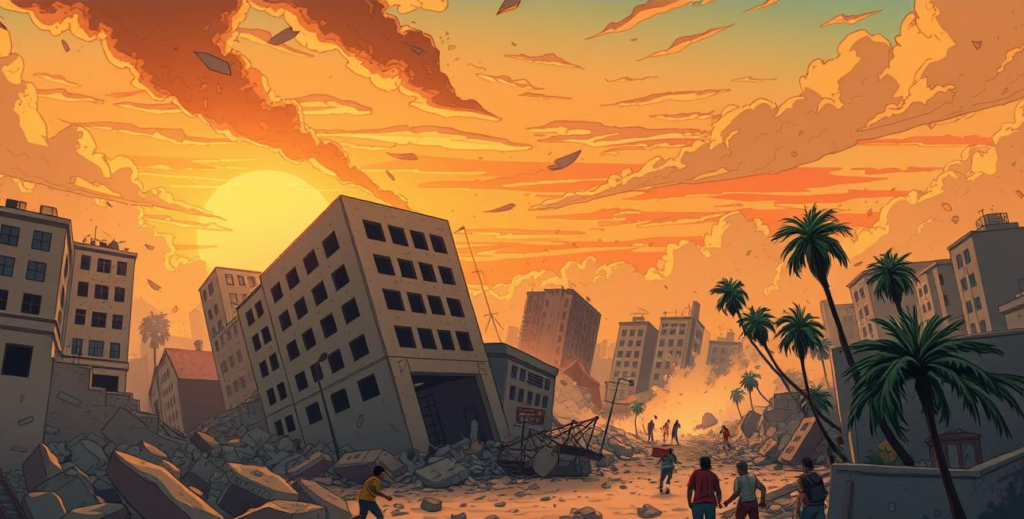 Dramatic landscape of California during an earthquake, shaking buildings with cracked foundations, dust clouds rising, a vibrant sunset in the background illuminating the chaotic scene, palm trees swaying, and people running for safety amidst debris.