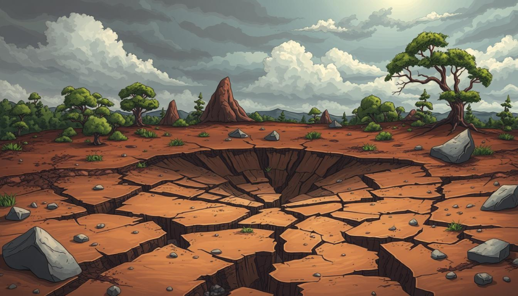 Earthquake Without Tsunami: Understanding Seismic Events A dramatic landscape depicting a cracked earth surface after an earthquake, with visible fissures and displaced soil, surrounded by resilient trees and rocks, under a cloudy sky showcasing the tension of nature, without any signs of water or tsunami effects.