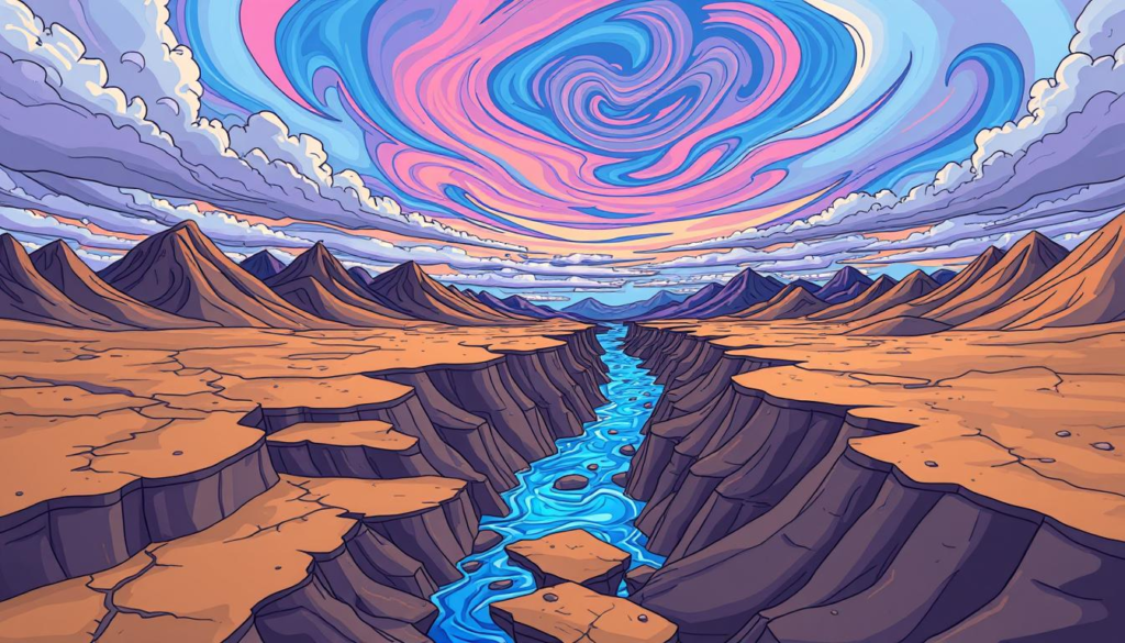 Earthquake Without Tsunami: Understanding Seismic Events : A dynamic landscape showcasing the effects of seismic activity, featuring cracks in the earth, shifting tectonic plates, and a vibrant sky displaying swirling clouds. Highlight geological formations like mountains and valleys, with subtle tremors illustrated by ripples in the ground. Incorporate a color palette of earthy tones contrasted with vibrant blues and purples to convey energy and movement.