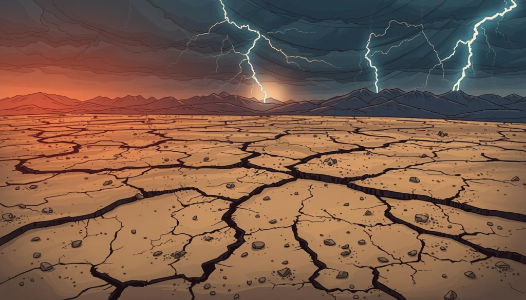 Is There Always an Aftershock After Earthquake : A dramatic landscape depicting a cracked earth surface after a seismic event, with fissures radiating outward, debris scattered across the ground, and subtle waves of energy pulsating through the air. In the background, a faint tremor visible in distant mountains, under a stormy sky with dark clouds and flashes of lightning illuminating the scene.