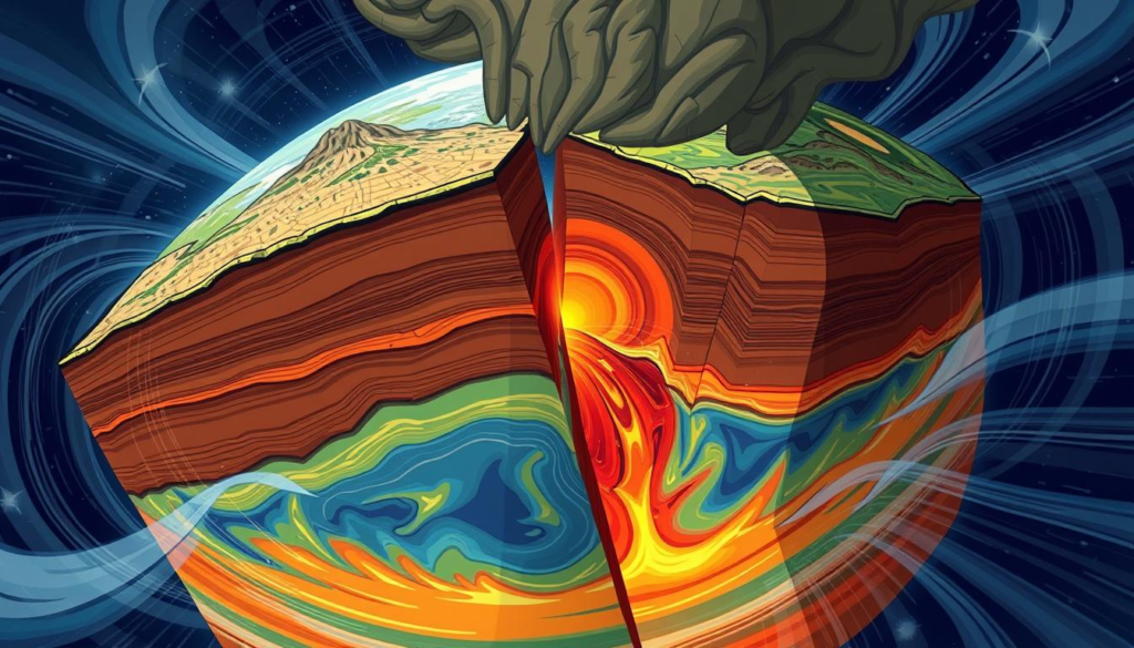 "Dynamic visualization of tectonic plates shifting and colliding, showcasing vibrant colors and intricate patterns, with layers of Earth's crust and mantle visible, and seismic waves radiating outward in a dramatic, swirling motion."