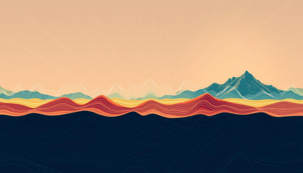 A visually striking representation of varying earthquake magnitudes, featuring a gradient spectrum illustrating low to high magnitudes, overlaid with abstract seismic waves radiating outward. Include geological elements like fault lines and tectonic plates subtly integrated into the background. Use dynamic colors to convey intensity and energy, with deeper hues representing stronger magnitudes.