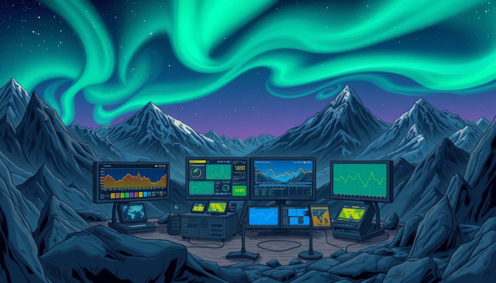 Can Earthquakes Be Predicted in Advance? : A dramatic scene depicting a high-tech seismic monitoring station surrounded by rugged mountains, with screens displaying vibrant data graphs and seismic waves, while a bright aurora illuminates the night sky, symbolizing the quest for earthquake prediction.