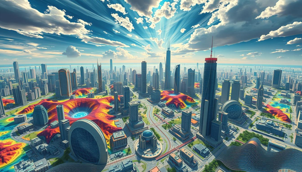 A futuristic cityscape with intricate geological maps overlaying urban structures, showcasing colorful hazard assessment models in 3D, blending technology and nature, depicted under a dynamic sky with subtle seismic waves emanating from the ground.