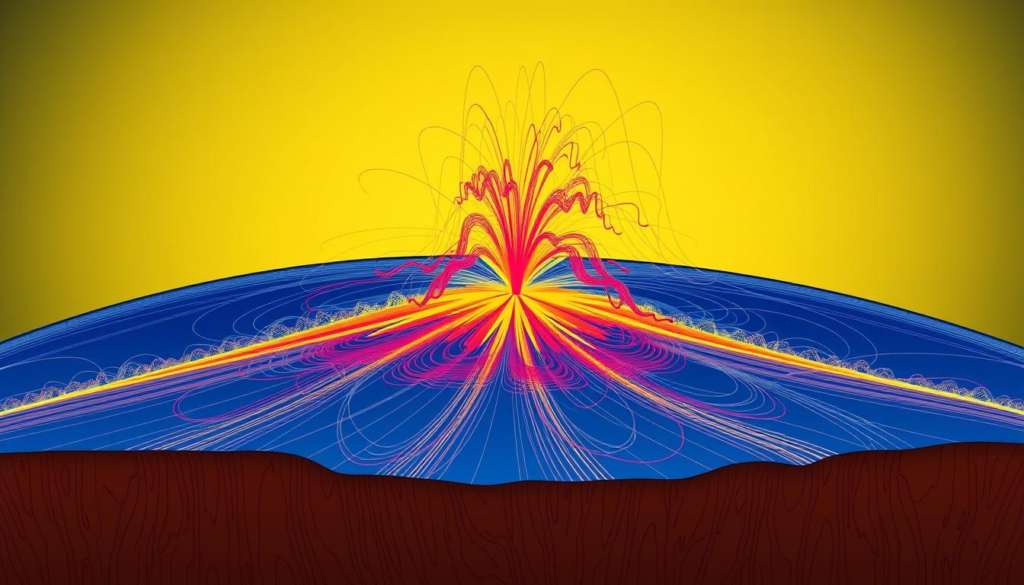 A dynamic visualization of foreshock patterns, featuring intricate waveforms and seismic data illustrated as colorful, abstract lines radiating outward from a central point, layered over a gradient background representing the Earth's crust.