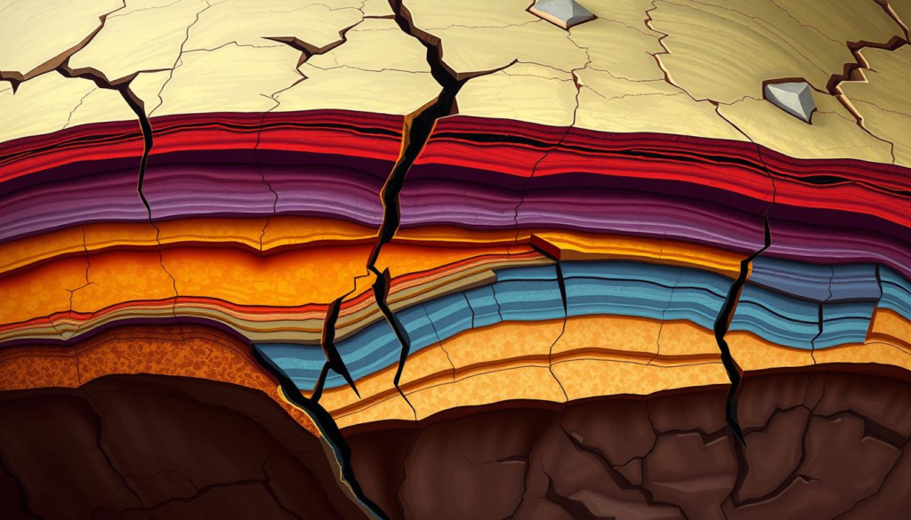 Intraplate Earthquake Meaning : A close-up view of the Earth's lithosphere, showcasing layers of rock and minerals under stress, with vibrant colors representing different stress levels, cracked surfaces, and subtle geological features like fault lines and folds. The scene should evoke a sense of tension within the Earth's crust, highlighting the dynamic nature of intraplate forces in a visually striking manner.