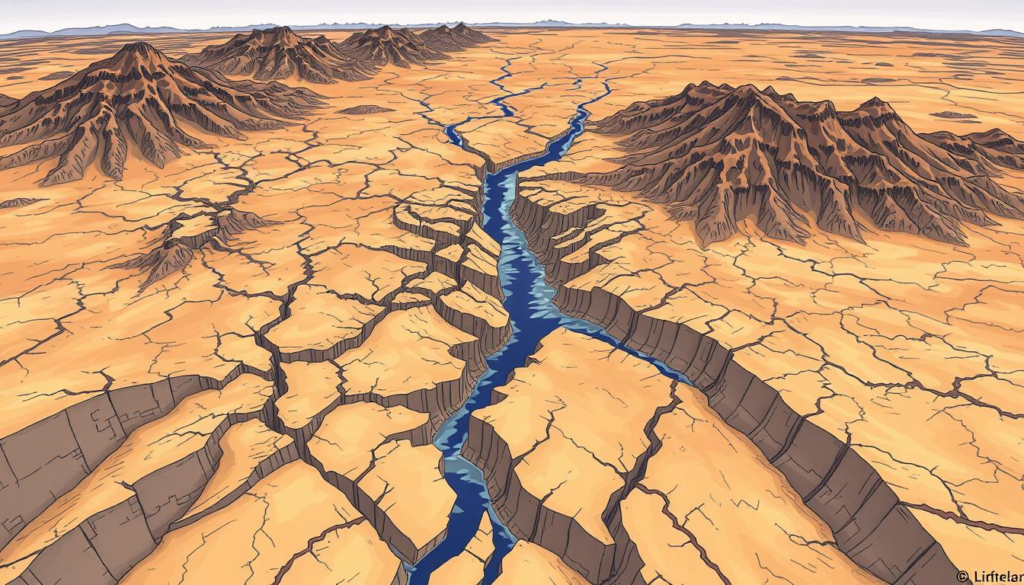 Intraplate Earthquake Meaning : "Detailed illustration of intricate fault lines across a geological landscape, showcasing deep cracks and fissures in rich earth tones, surrounded by varied terrains like mountains and plains, with a focus on the contrast between stable areas and the disturbed zones indicating intraplate seismic activity."