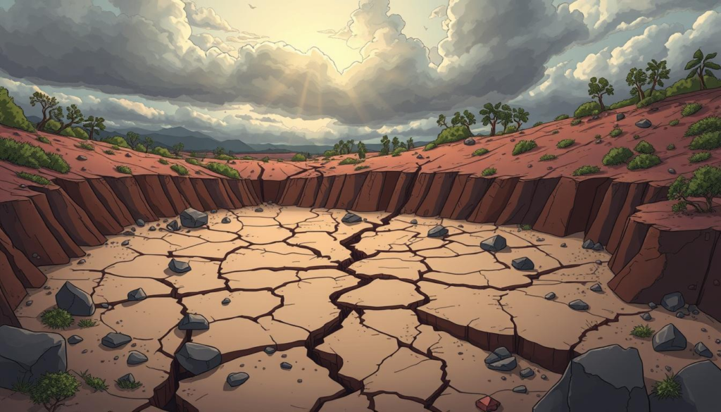 Intraplate Earthquake Meaning : A fractured landscape illustrating an intraplate earthquake, with cracked earth, scattered boulders, and disrupted vegetation, set against a dramatic sky. Show subtle signs of shifting tectonic plates beneath the surface, with deep fissures and a sense of tension in the environment. Emphasize the contrast between the calm surroundings and the violent forces at play underground.